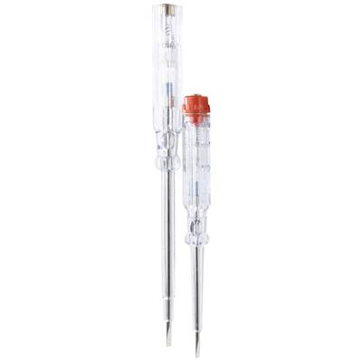 Two voltage testers in different sizes made of transparent plastic with metal tips, one with a red rotating knob.