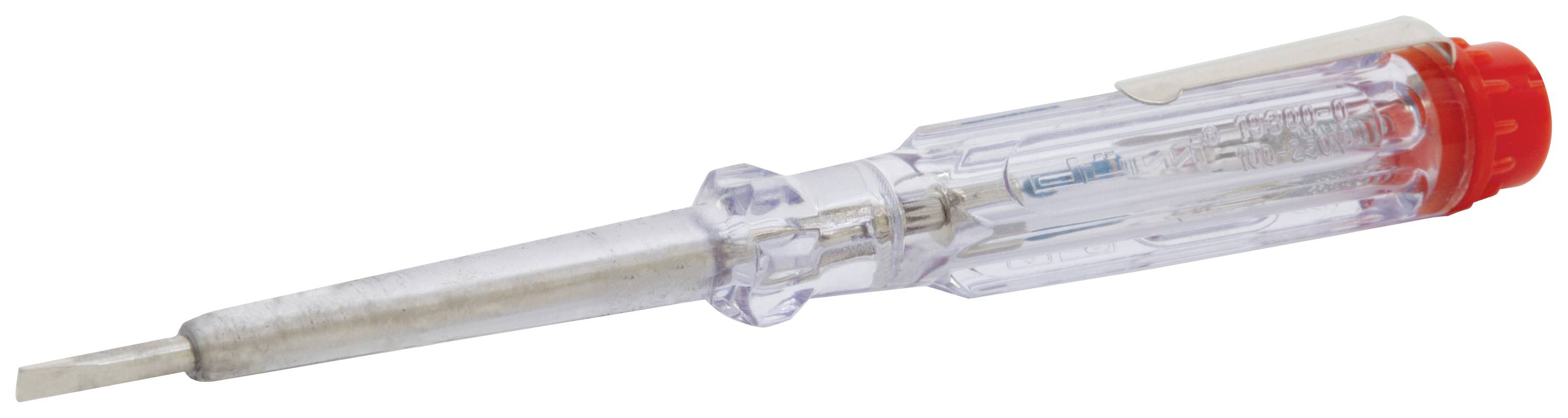 A transparent voltage tester with a red end and metal blade, used for checking electrical voltages in power sockets.