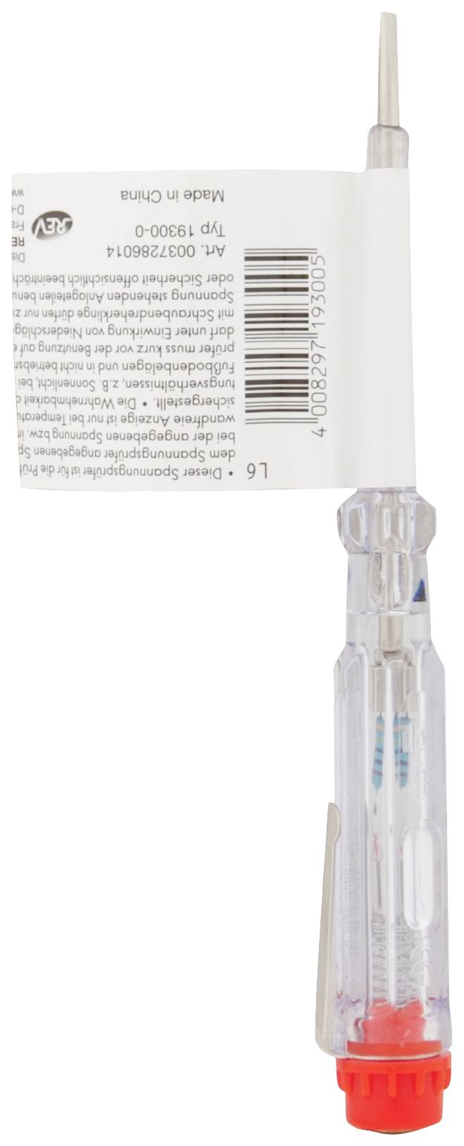 A transparent voltage tester with a red handle and a metal tip, commonly used for testing electrical circuits.
