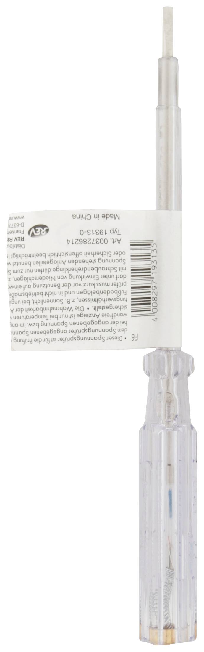 A transparent voltage tester with a white label and barcode, for testing electrical voltage, shows metallic tip and handle.