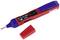 Voltage tester with red and blue casing. Indicates voltage range from 70-250V. A red removable cover is shown.