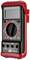 Digital multimeter in black and red with rotary switch, display, and probe connectors. Used for measuring electrical values.