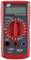 Red digital multimeter with large display and central rotary switch. Functions measure voltage, current, and resistance.