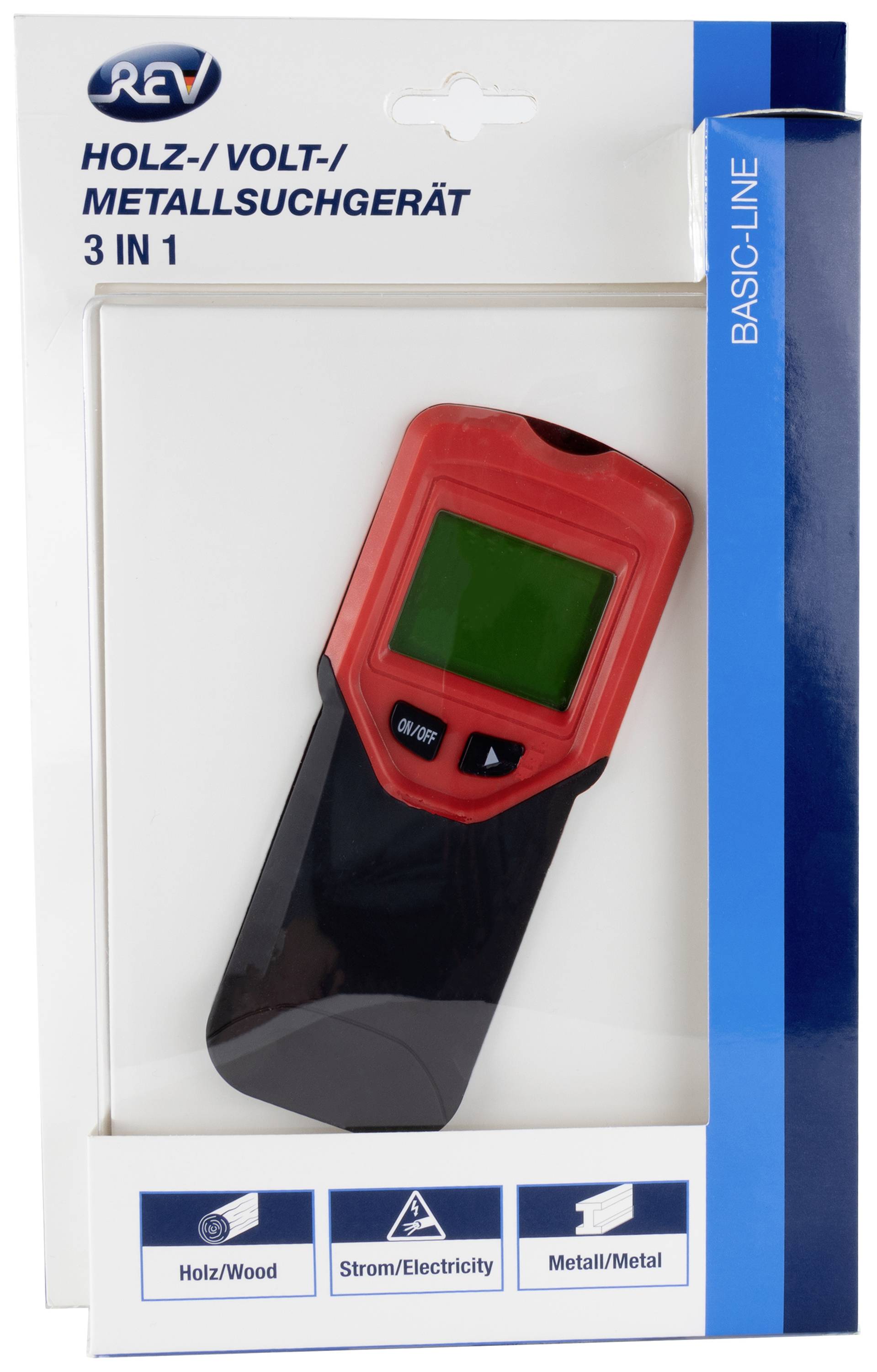 Packaging for a 3-in-1 detection device for locating wood, electrical cables, and metal. Shows device with display and buttons.