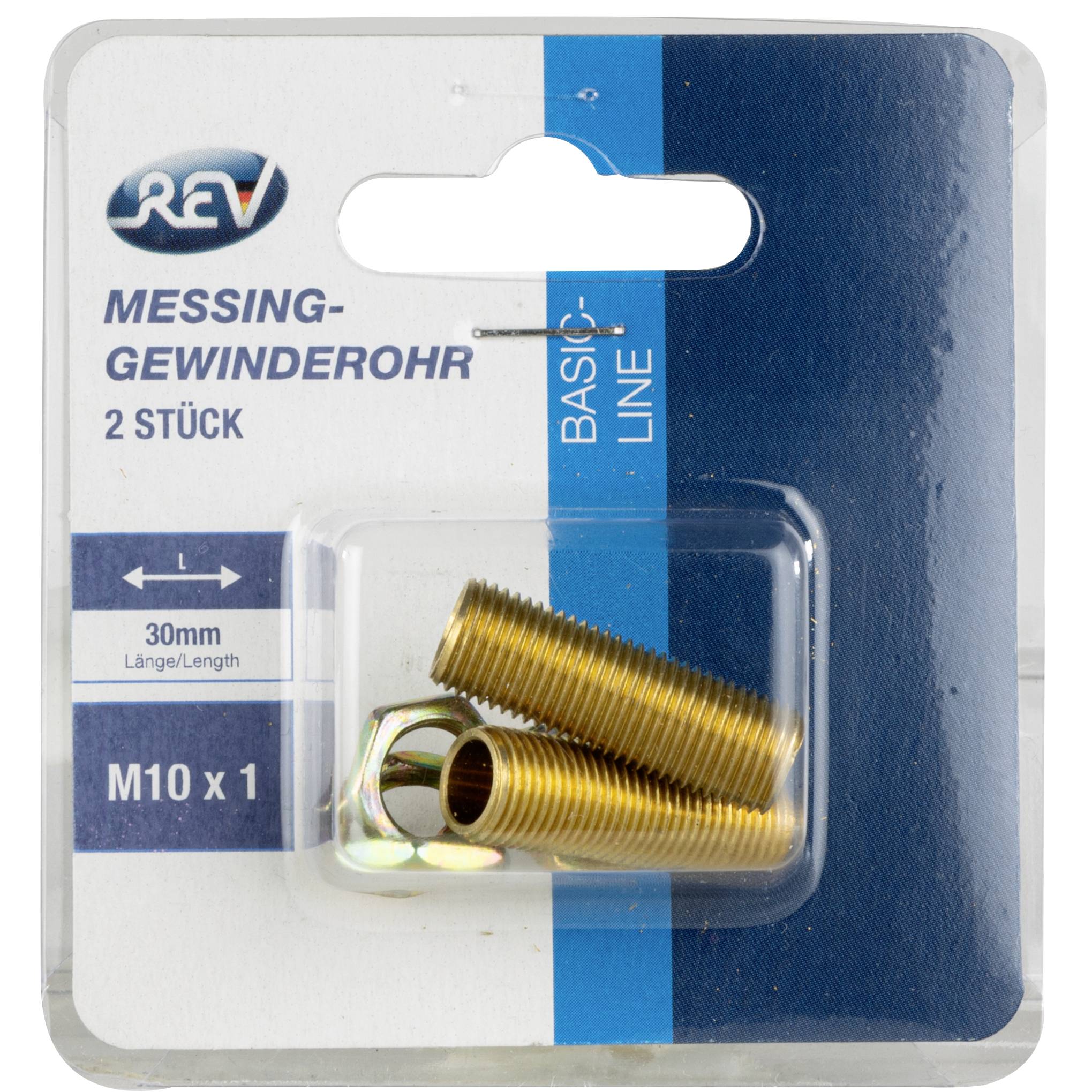 A packaging containing two brass threaded tubes with M10 x 1 thread, 30mm in length, marked as Basic-Line by REV.