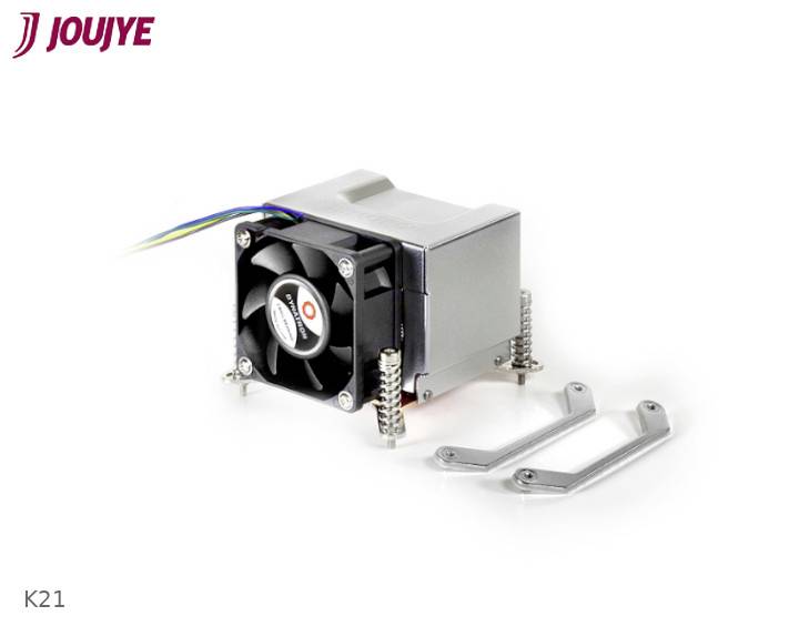 A heatsink with a fan for a computer processor, with two mounting brackets beside it. The 'JOUJYE' logo is located in the top left.