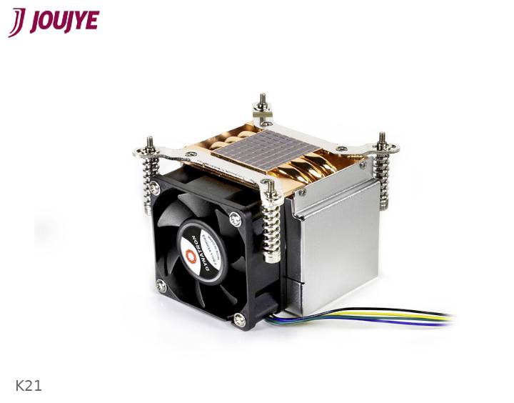 A heatsink with a fan mounted on top, connected by colourful cables. The fan has a sticker in the centre.