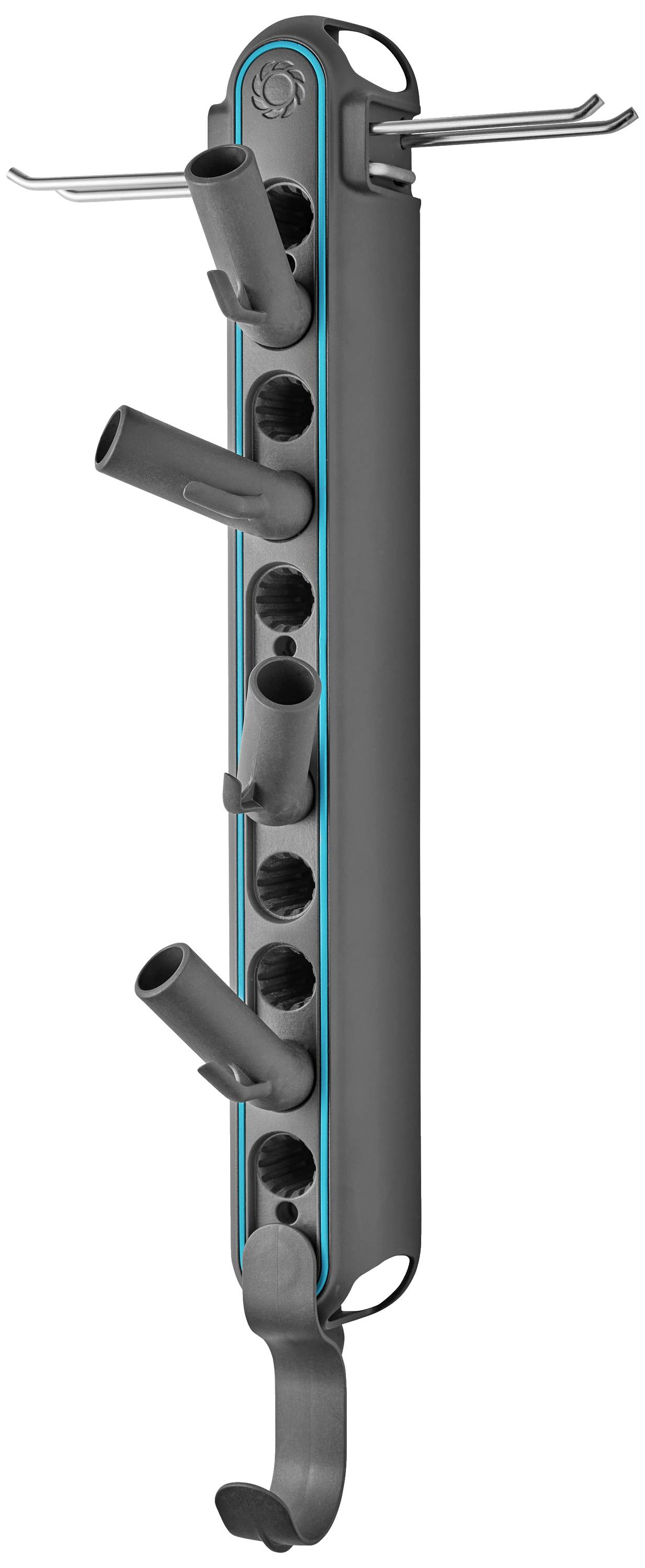 Plastic tool holder for wall mounting, provides space for various garden tools with hooks and holders for secure storage.