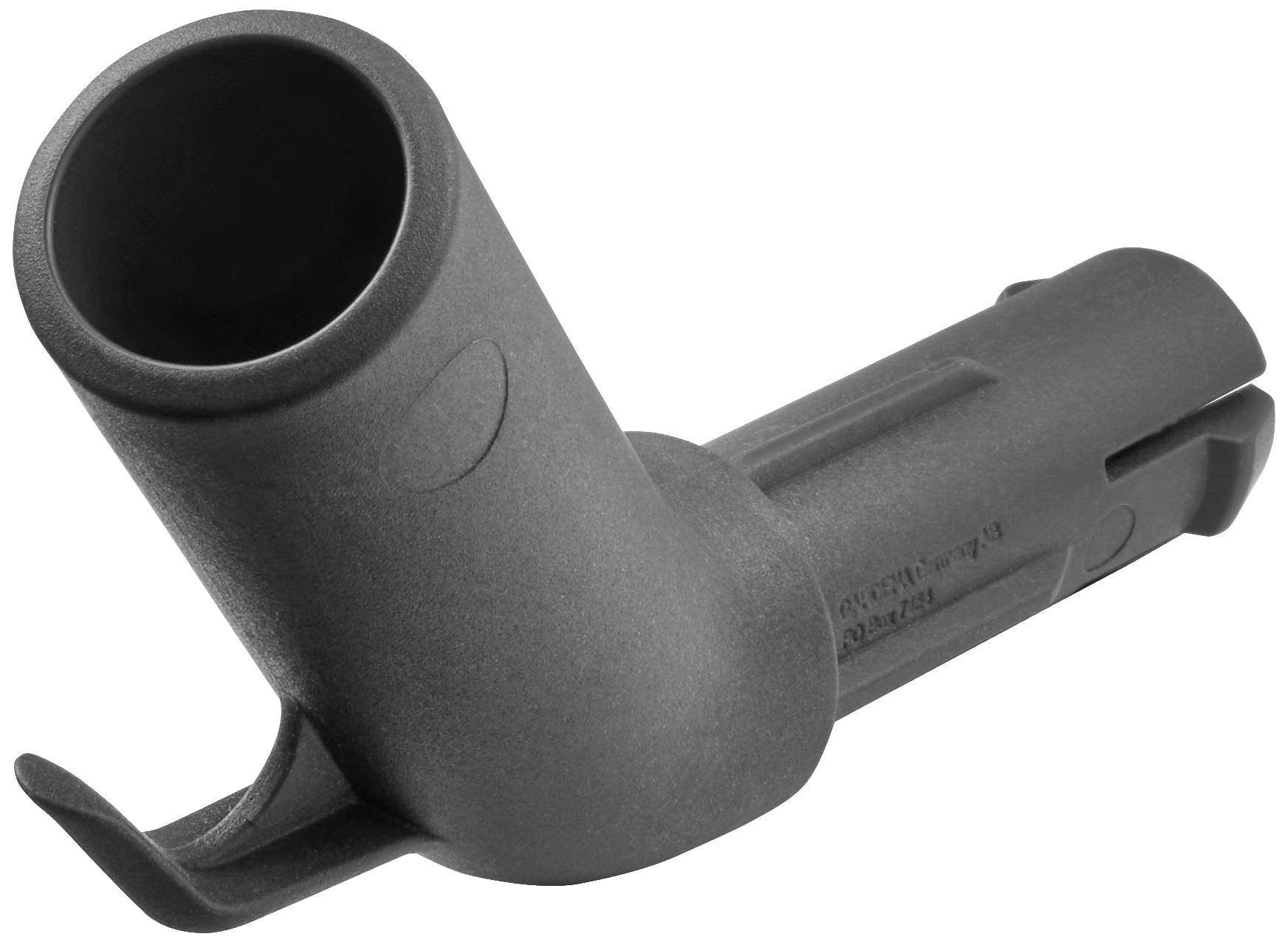 Grey, angled plastic connector with a circular opening and side mounting bracket, likely for a technical or electronic device.