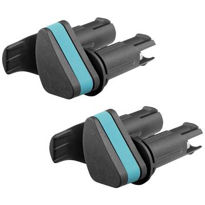 Two black plastic handles with a turquoise stripe, mountable, serve for operating devices or pieces of furniture.