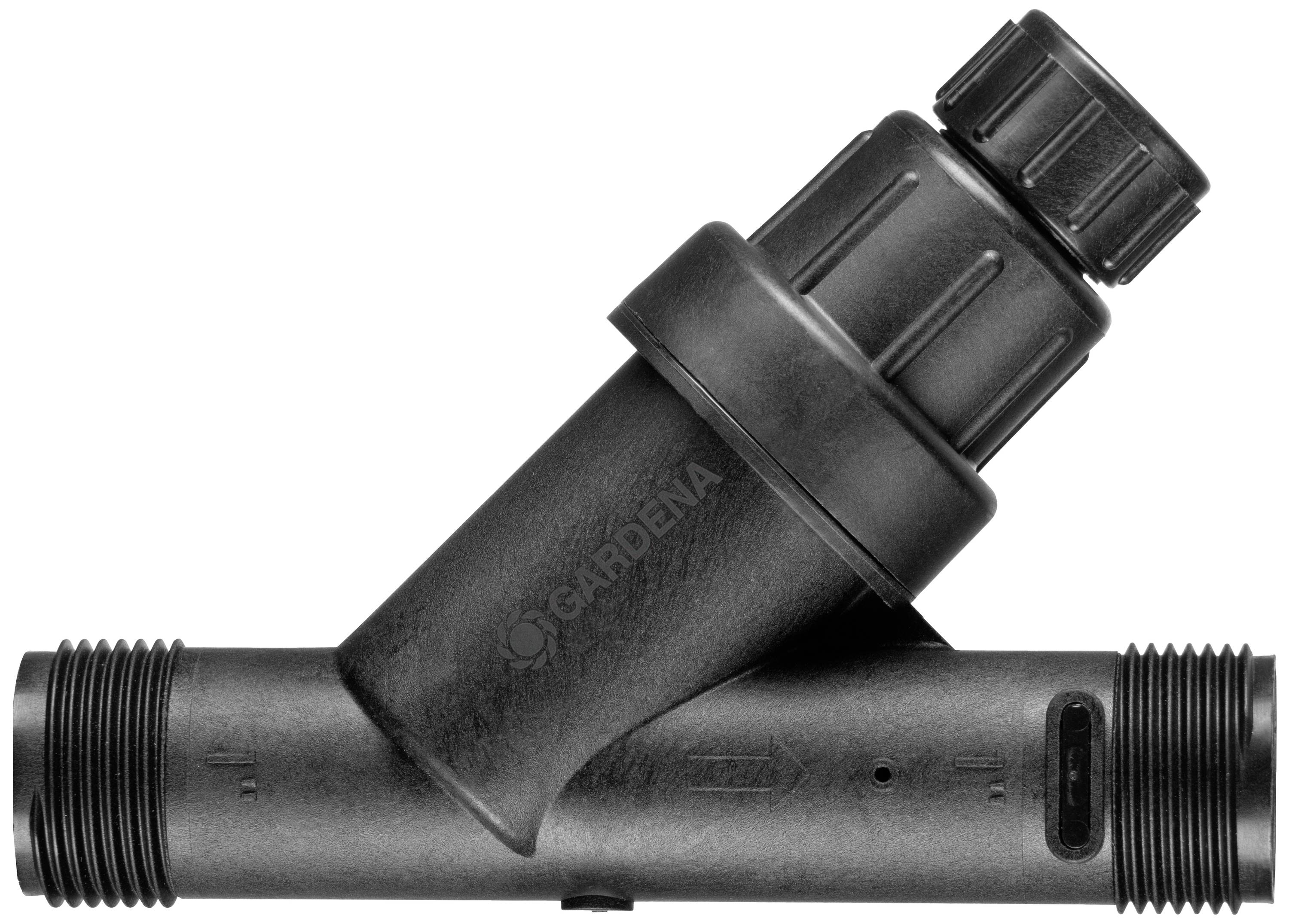 A black Y-shaped water filter, suitable for irrigation systems, with threaded connections at both ends and a removable top section.