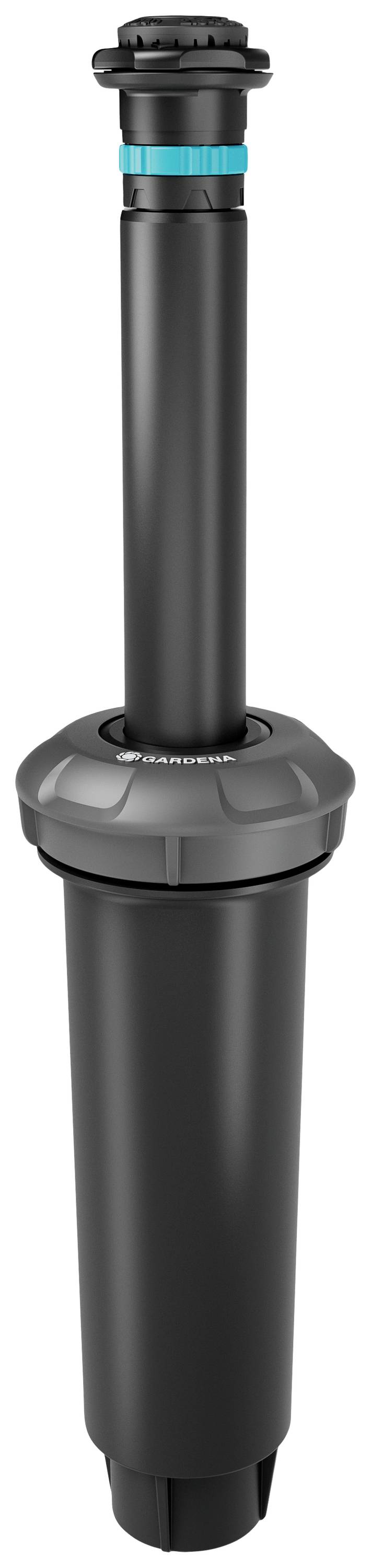 Black irrigation sprinkler with extendable head and blue ring. Used for lawn and garden watering.