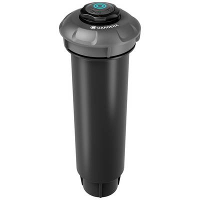 A black water sprinkler with a grey head by Gardena, suitable for garden irrigation. It has a compact and modern design.