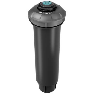 A black irrigation sprinkler with a grey border and blue button on the top. 'Gardena' marking on the casing.