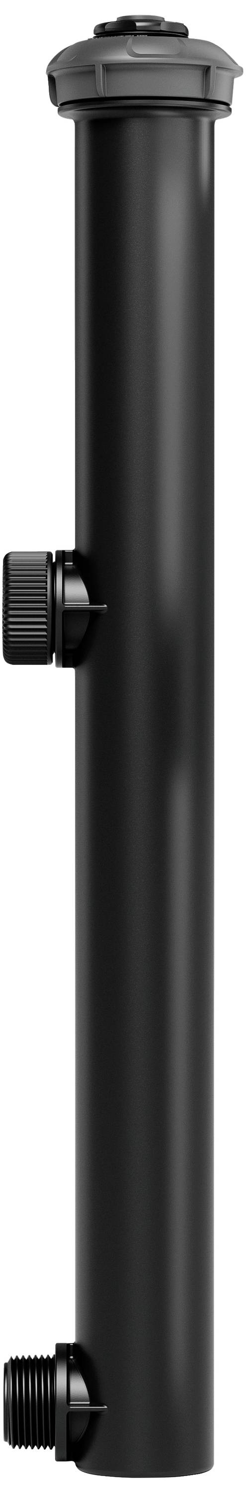 A long, black, cylindrical object with two valves, likely a pipe or nozzle, viewed from the side.