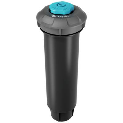Image of a black irrigation sprinkler with a blue head, Gardena brand.
