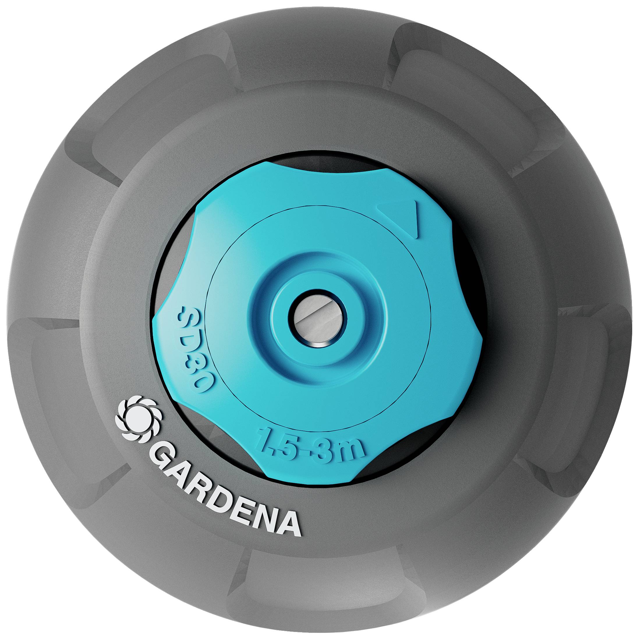 The image depicts a Gardena irrigation nozzle with a grey housing and blue cover, on which 'SD30 1.5-3m' is written.
