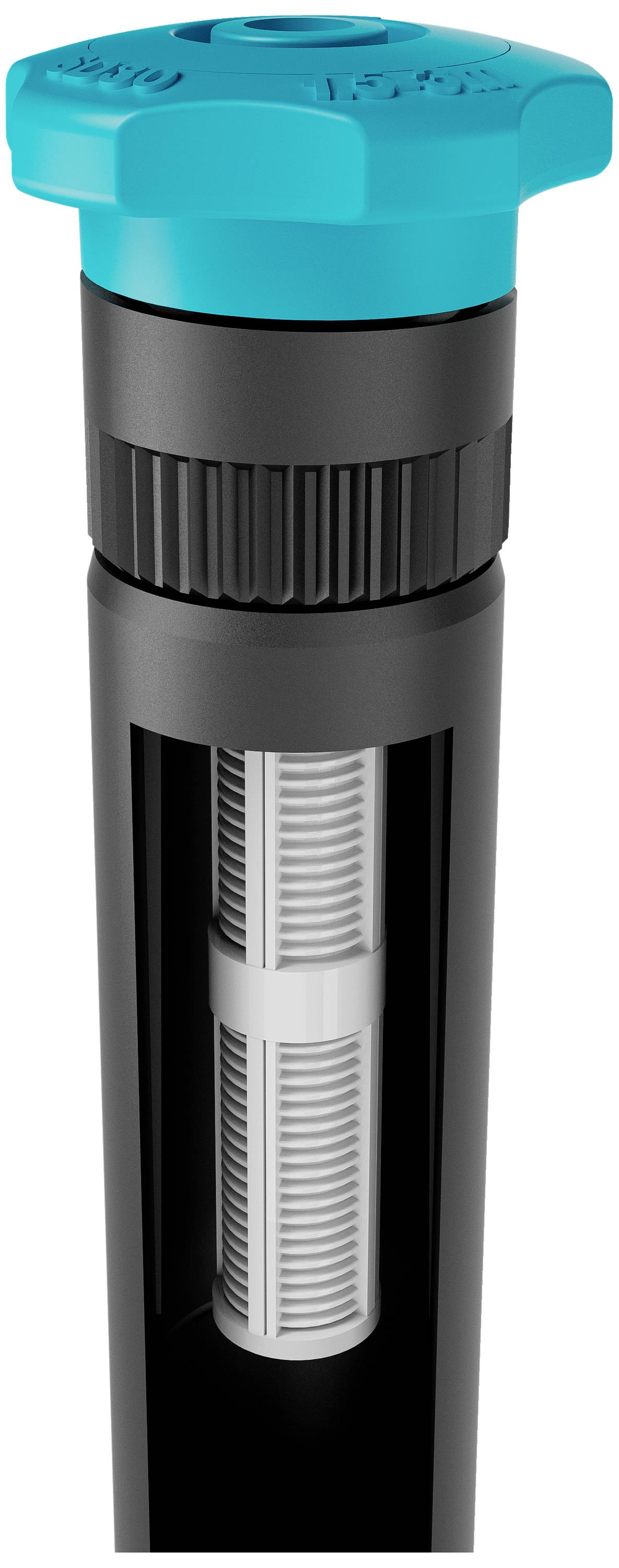 A water sprinkler with a transparent housing shows a removable filter element.