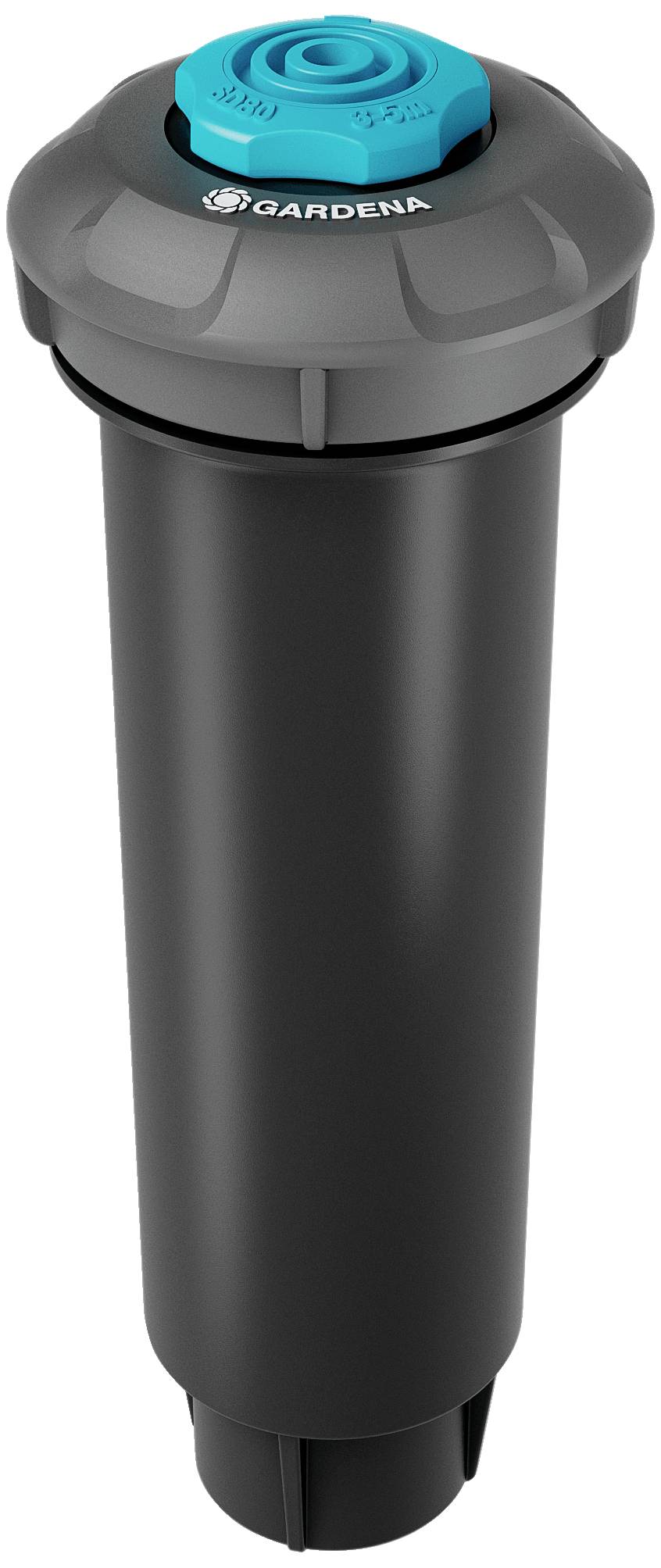 A black garden sprinkler with a blue rotating head that adjusts the spray pattern. Brand logo at the top.