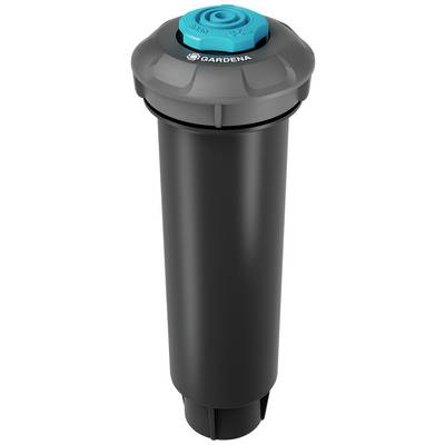 A black garden sprinkler with a blue rotating head that adjusts the spray pattern. Brand logo at the top.