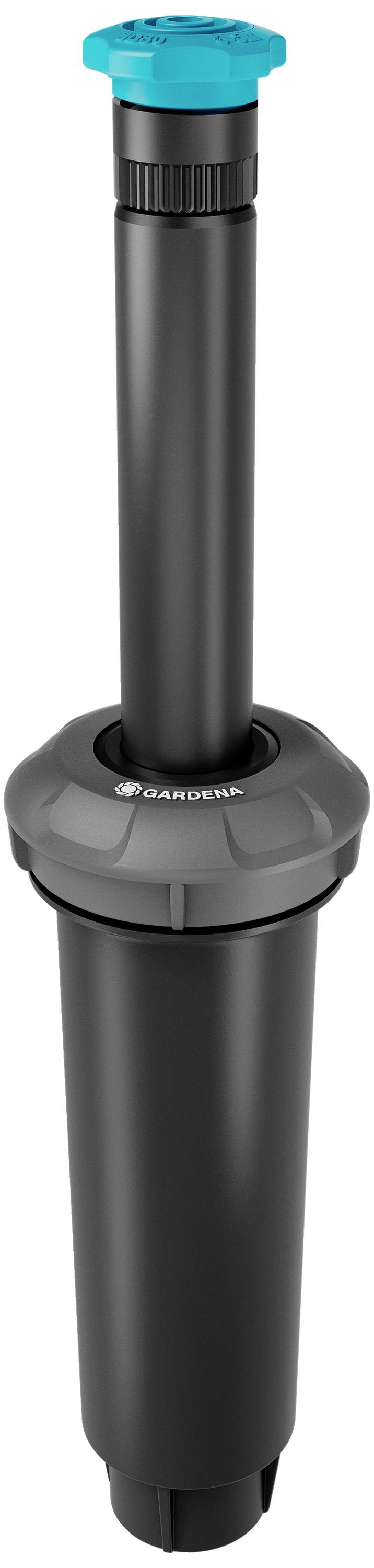 A black sprinkler with a blue head, positioned vertically. It is used for watering gardens or lawn areas.