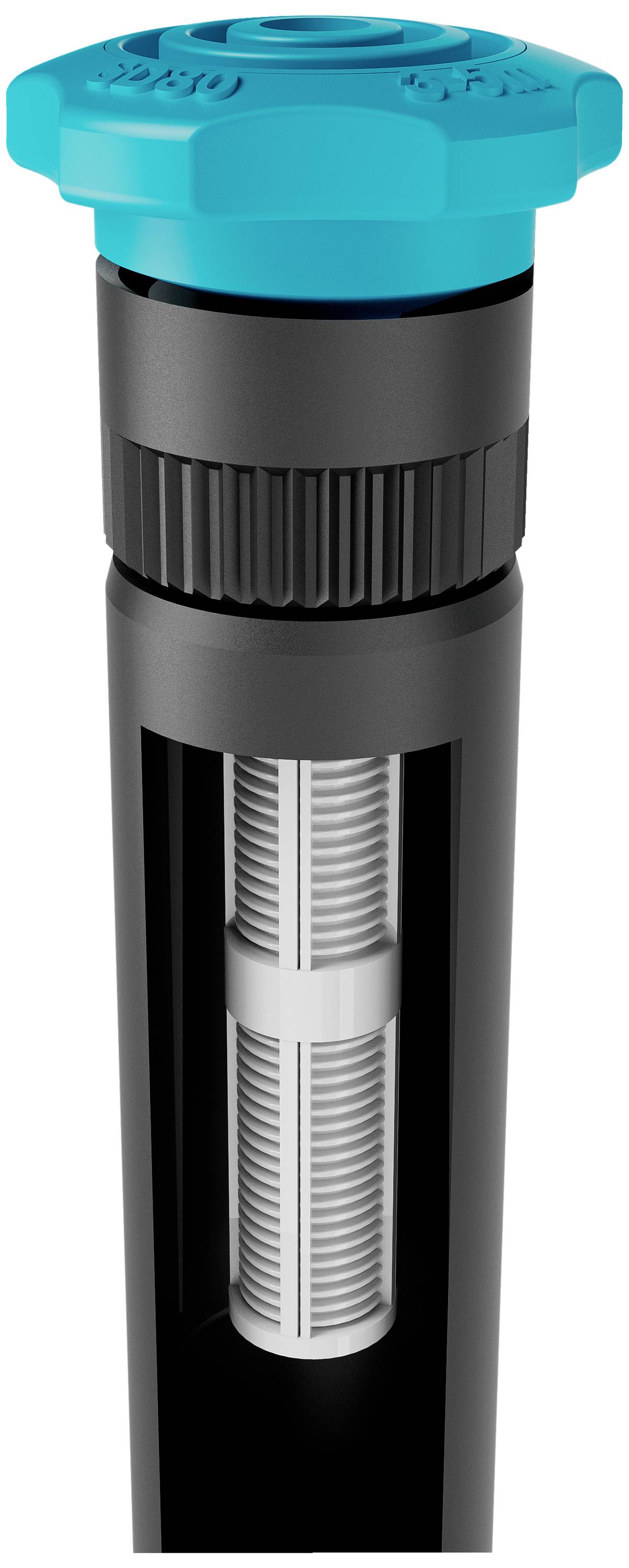 Image of an irrigation nozzle filter with a blue head, revealing internal structures; used for water filtration in sprinkler systems.