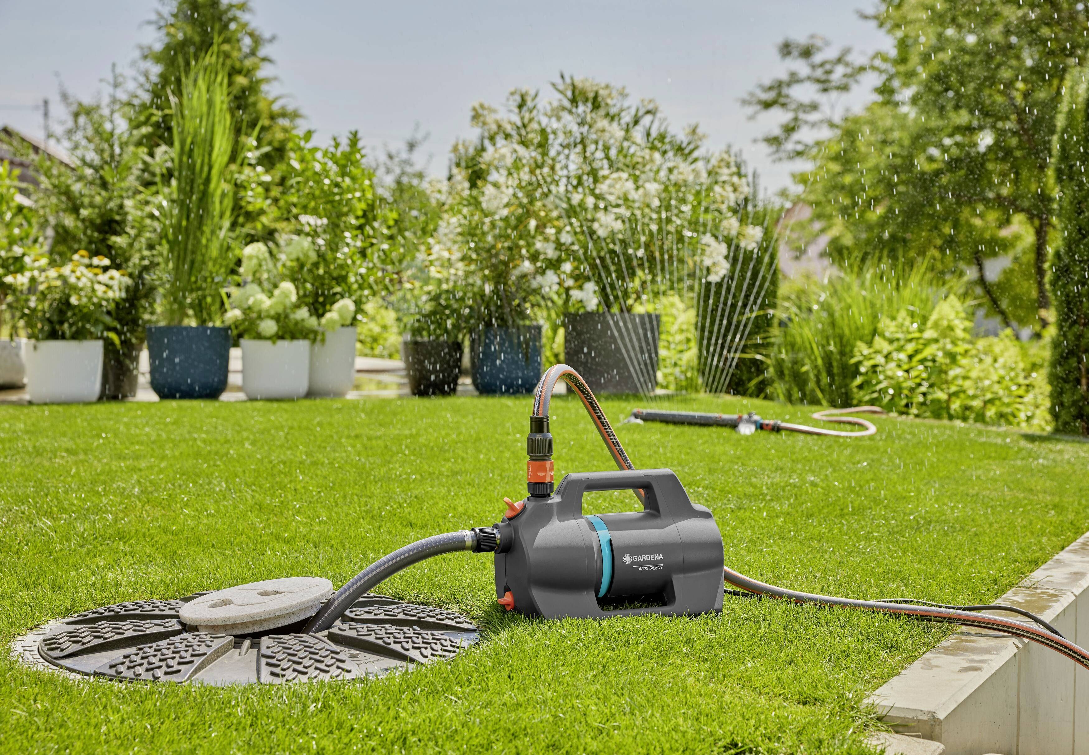 Garden scene with a water pump on a lawn, drawing water from a well, with plants being watered in the background.