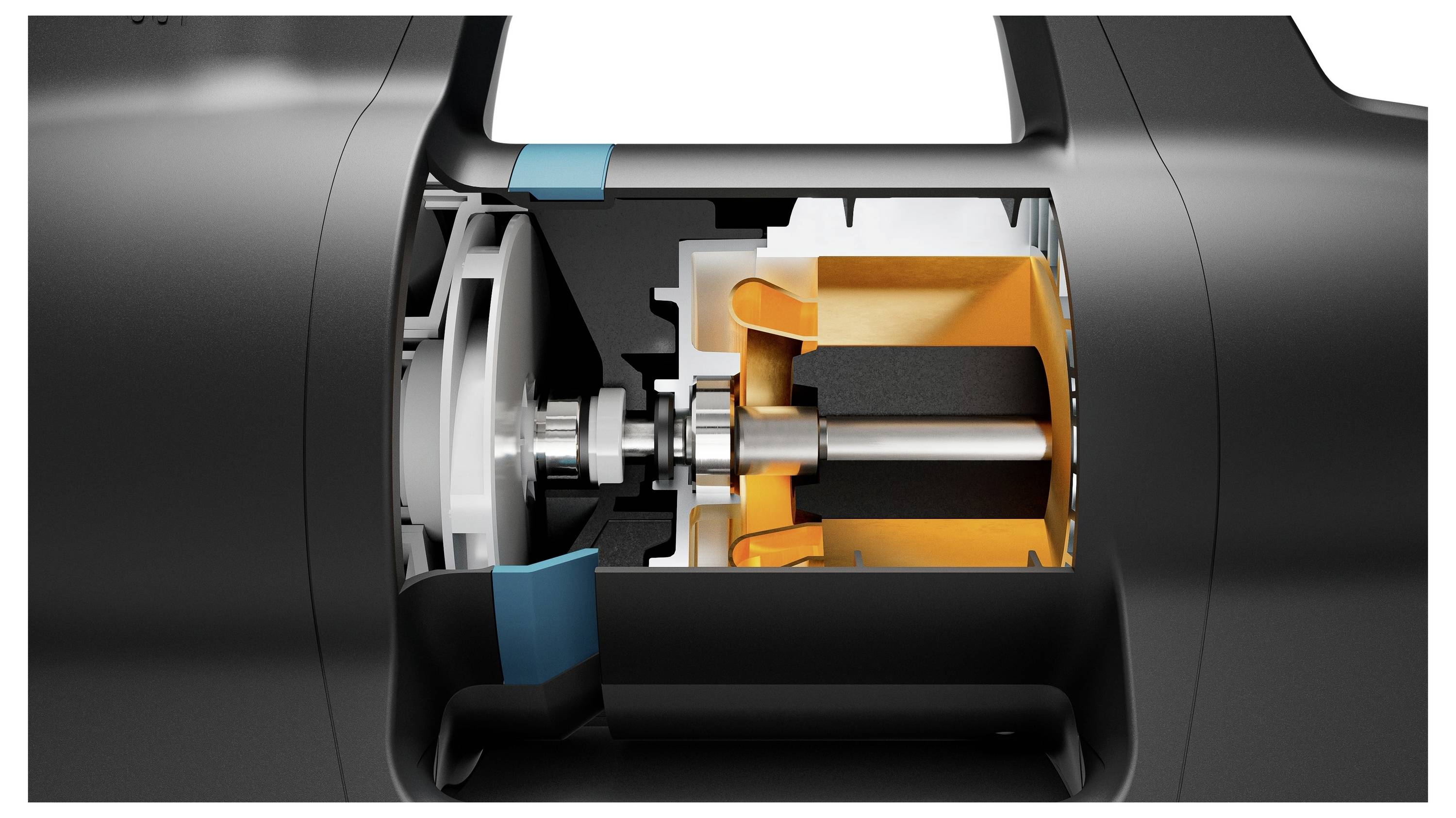 Cross-section of an electric motor with visible components like rotor, stator, and wiring, highlighting the motor's internal structure and mechanism.