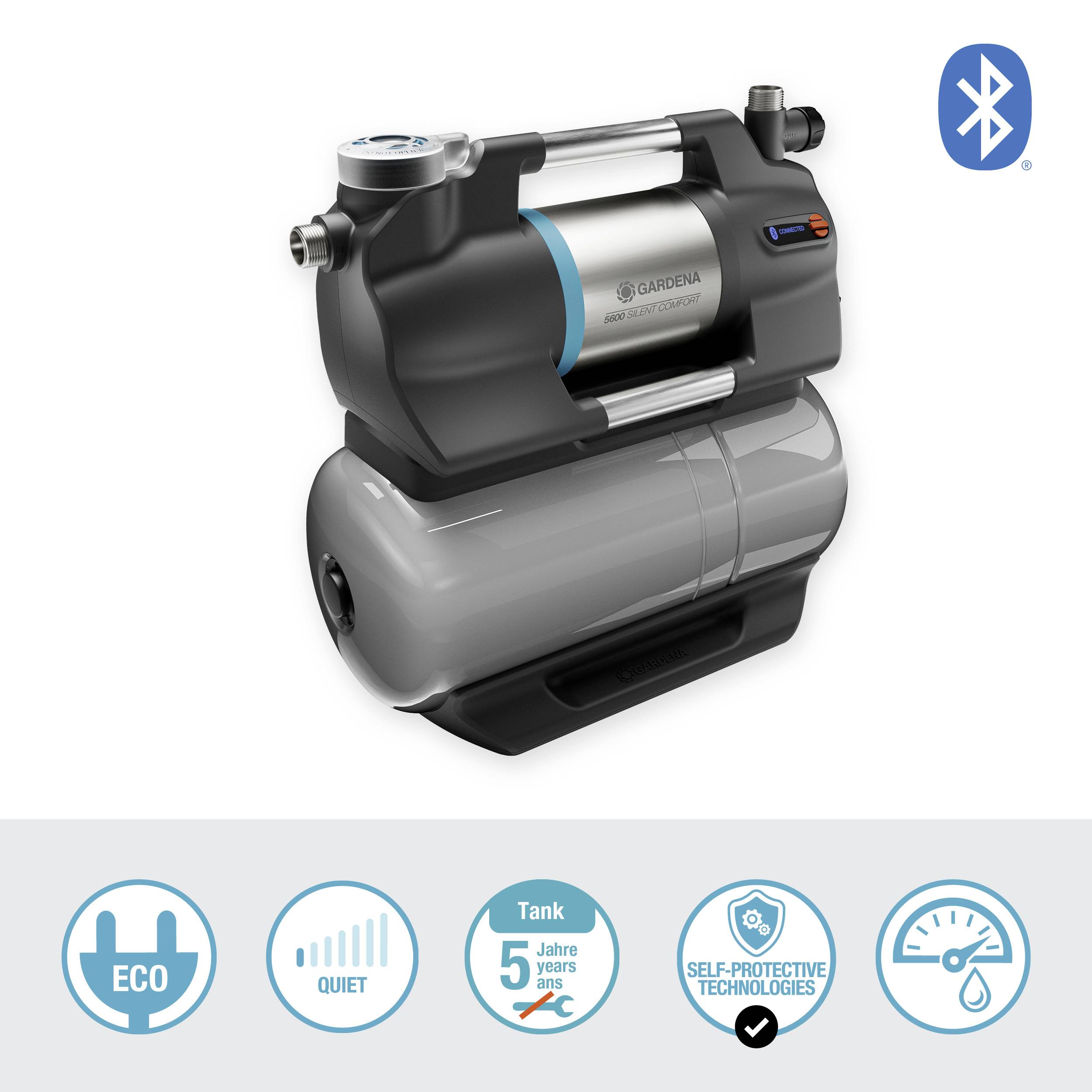 Multi-stage Garden Pump with Bluetooth and Eco Function. Symbols show features: Energy Efficiency, Low Noise, 5-Year Tank Guarantee.