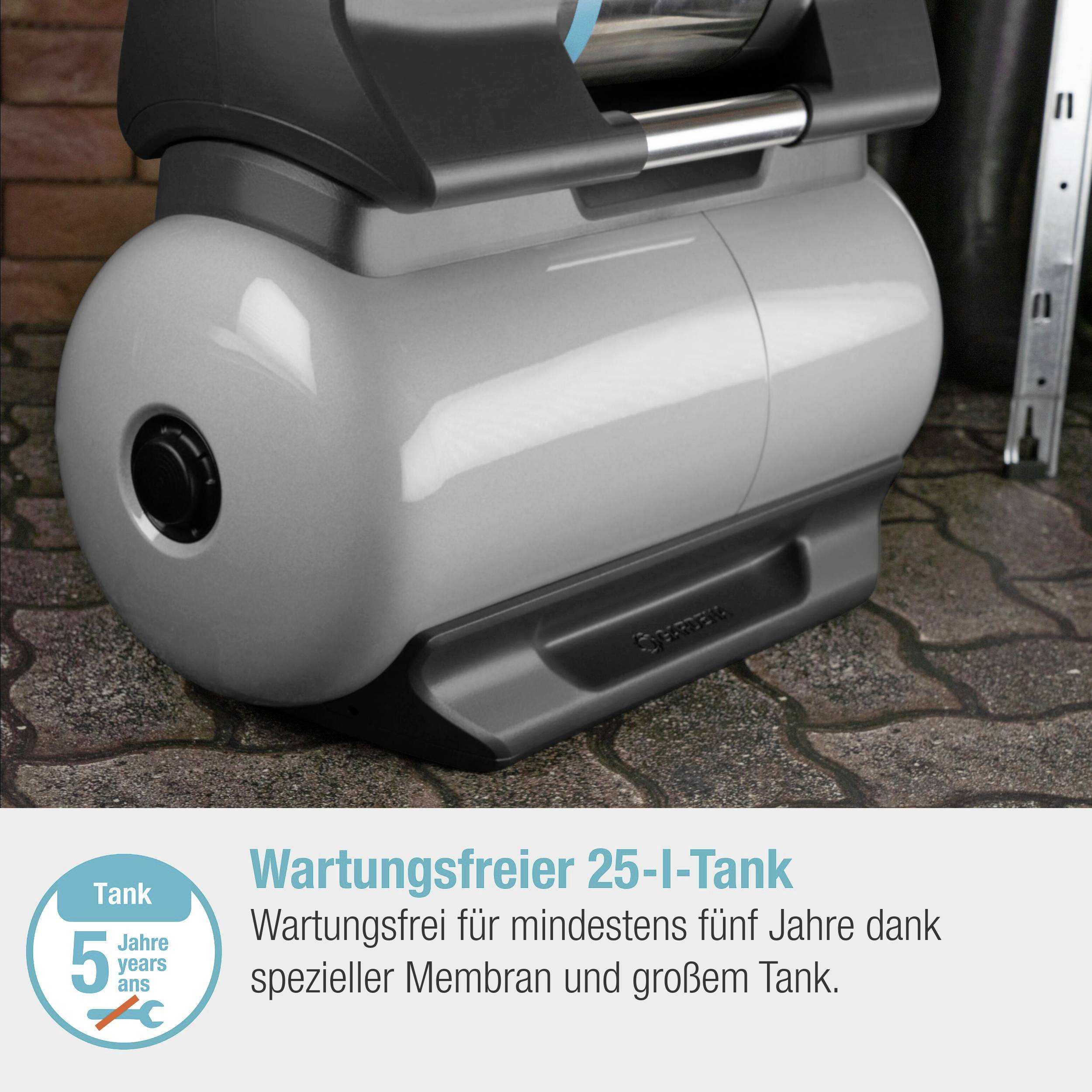 Grey water tank with blue membrane, labelled 'Maintenance-Free 25-Litre Tank', promises five years of maintenance-free operation.