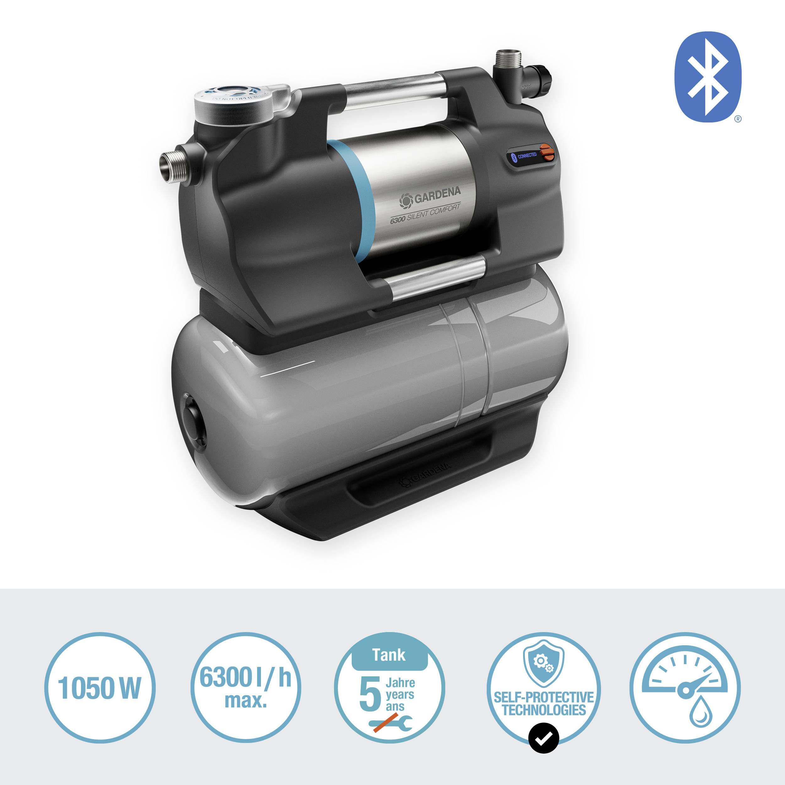 GARDENA Home Water System with Bluetooth, grey tank, blue accents. Power: 1050 W, max. 6300 l/h. Five-year guarantee at 5°C.