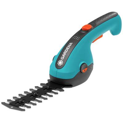 Electric hedge trimmer by Gardena with a blue casing, orange controls, and black cutting blade for the garden.