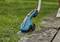 A handheld lawn edger with a blue casing precisely cuts grass along a stone edge. A lawn is visible in the background.