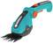 A blue and orange Gardena battery-powered grass and shrub shears, compact and ergonomic for precise garden trimming.