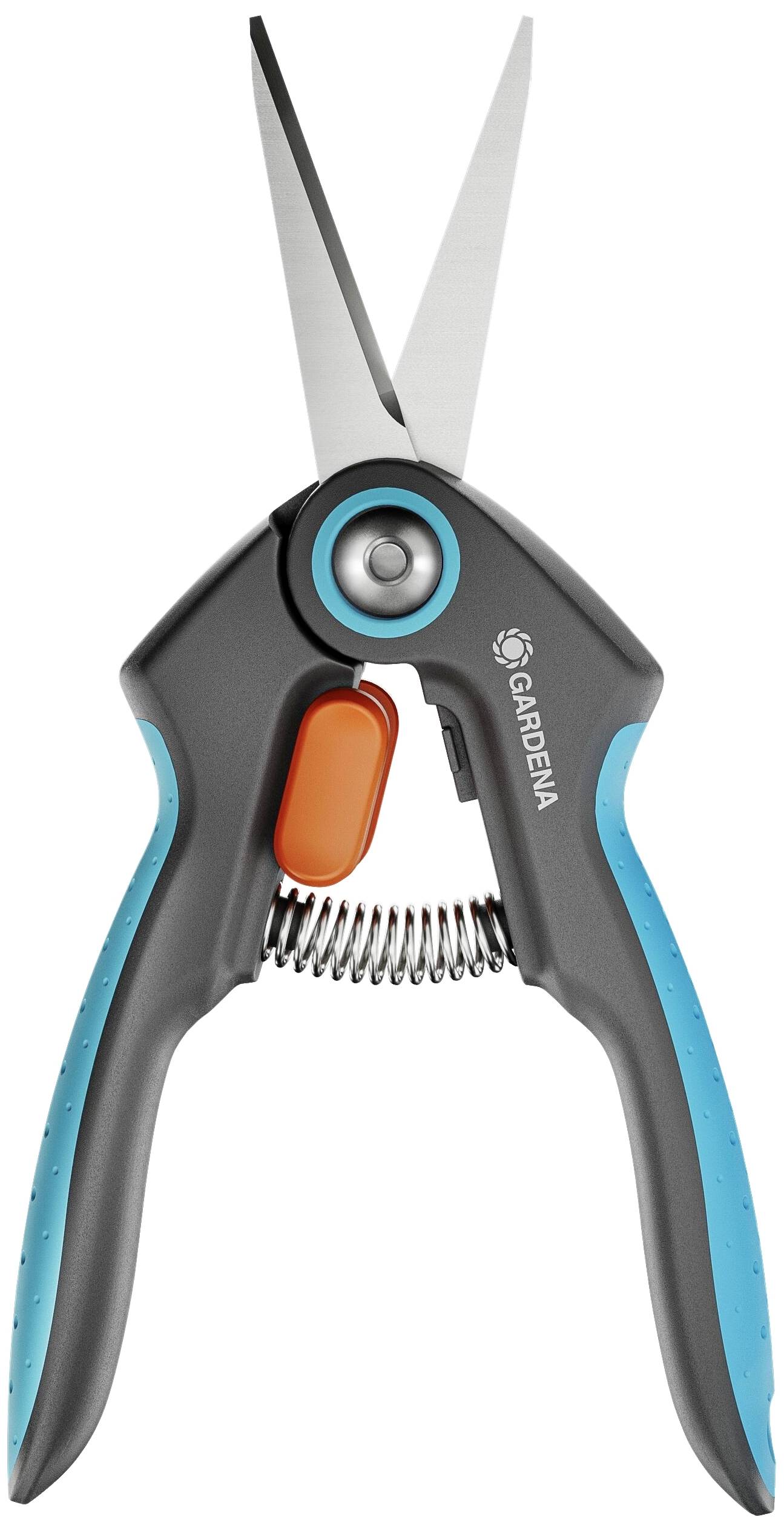 Garden shears with a grey, orange-blue handle and silver blade. Suitable for cutting plants and garden work.