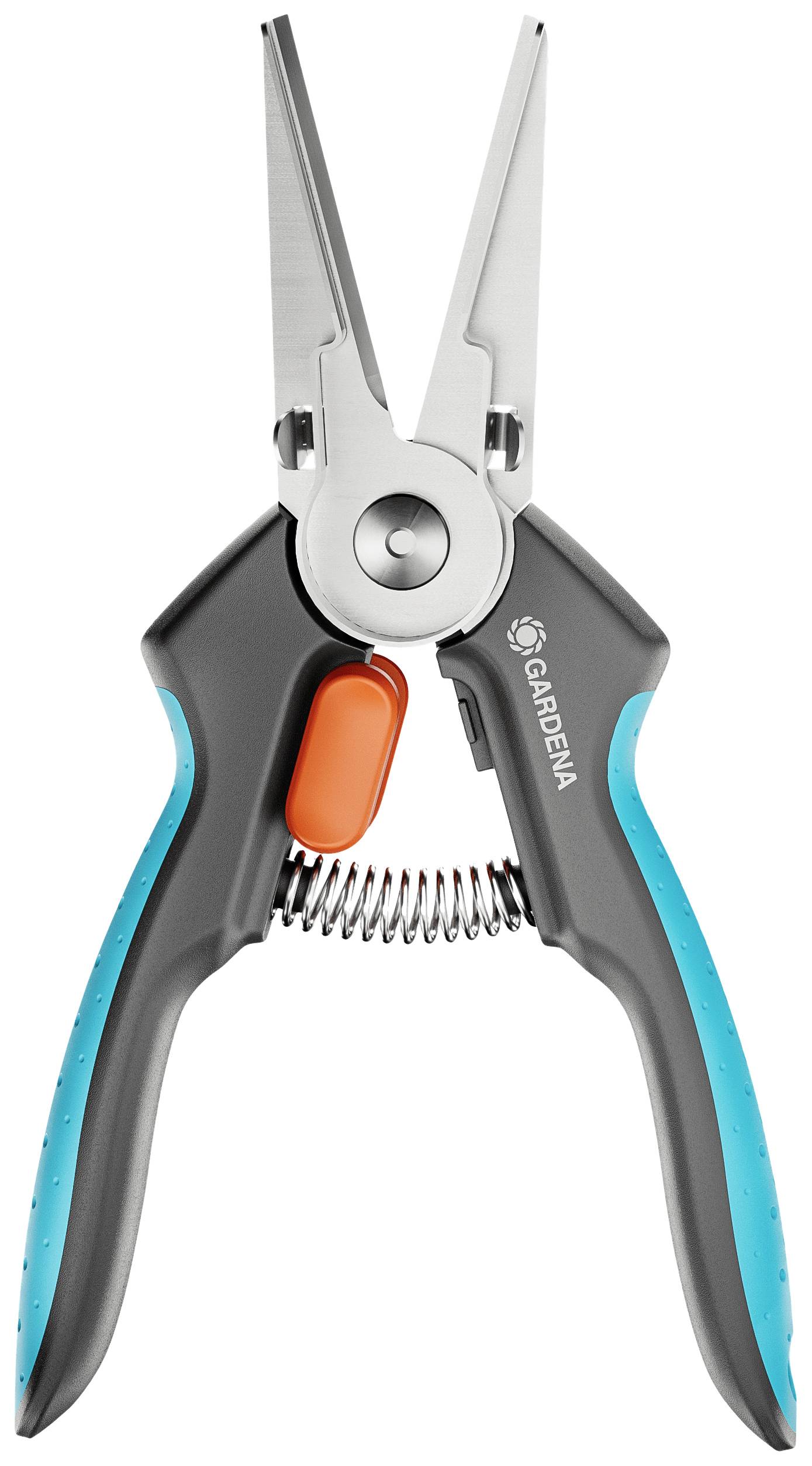 Garden tool, pruning shears with long blades and an orange push button, ergonomic handles in grey and turquoise.