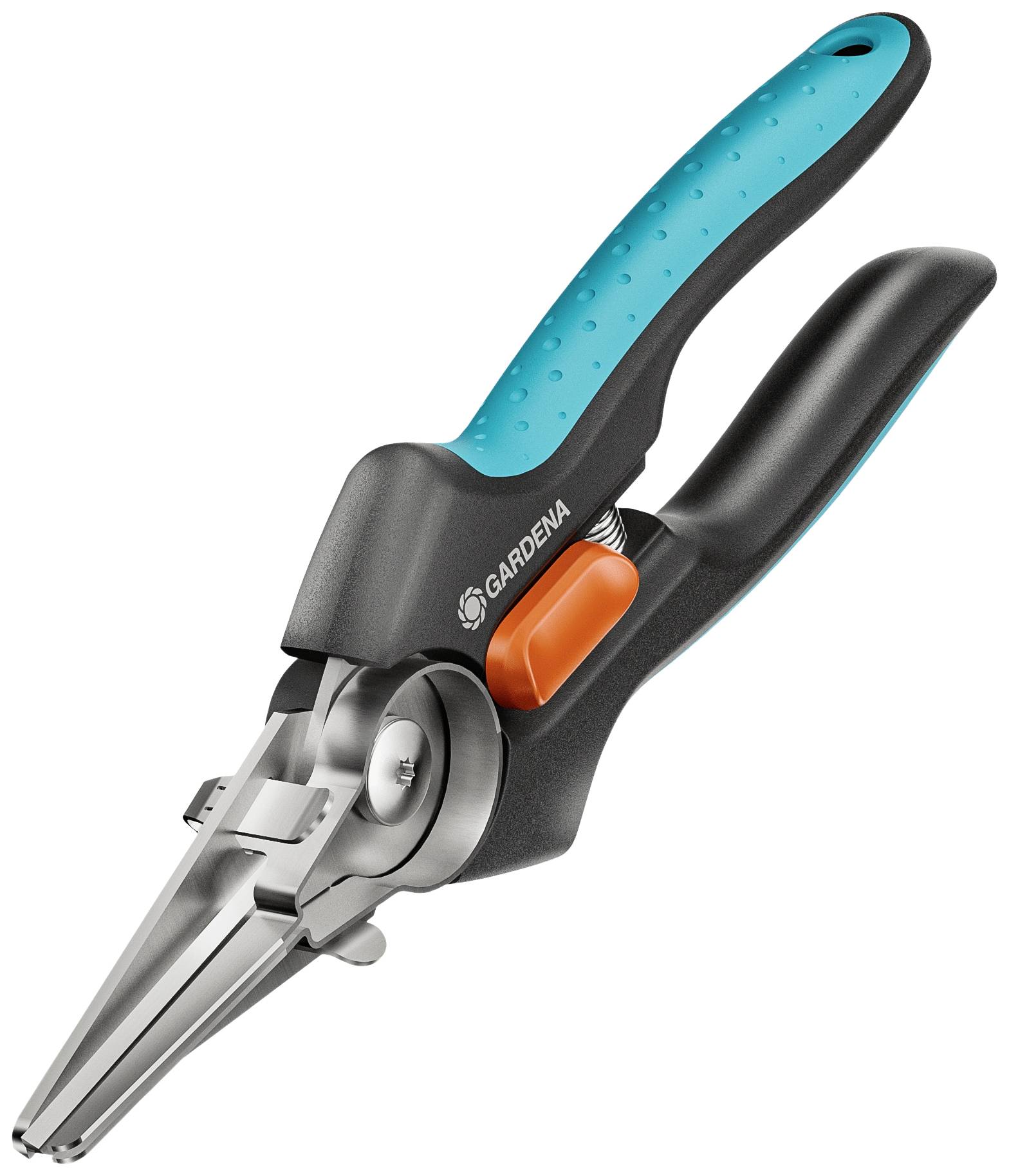 Garden scissors with blue handles and long, pointed blades. Suitable for precise cutting in gardening or craft work.