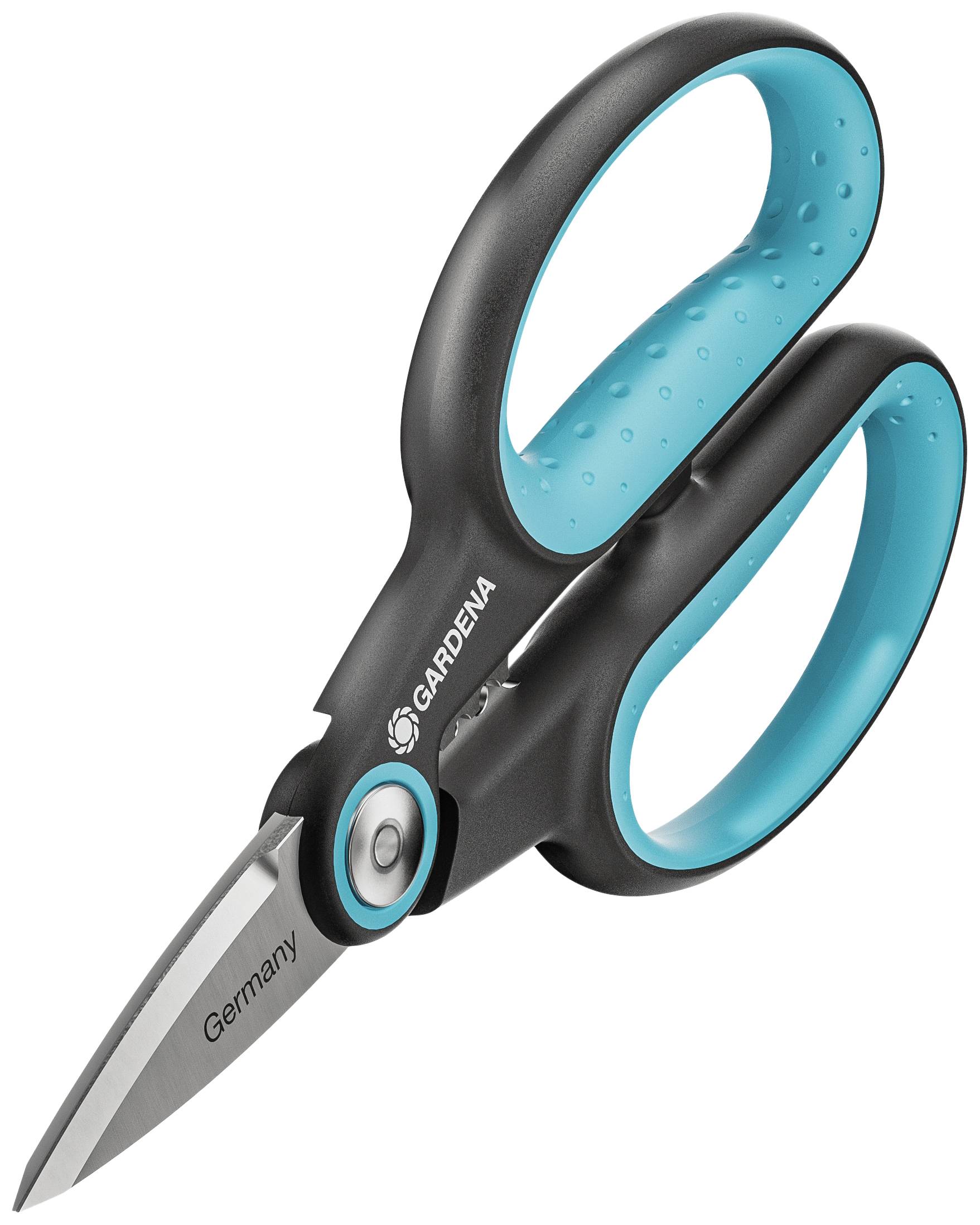 A black and blue garden shears by Gardena with the inscription 'Germany' on the blade.