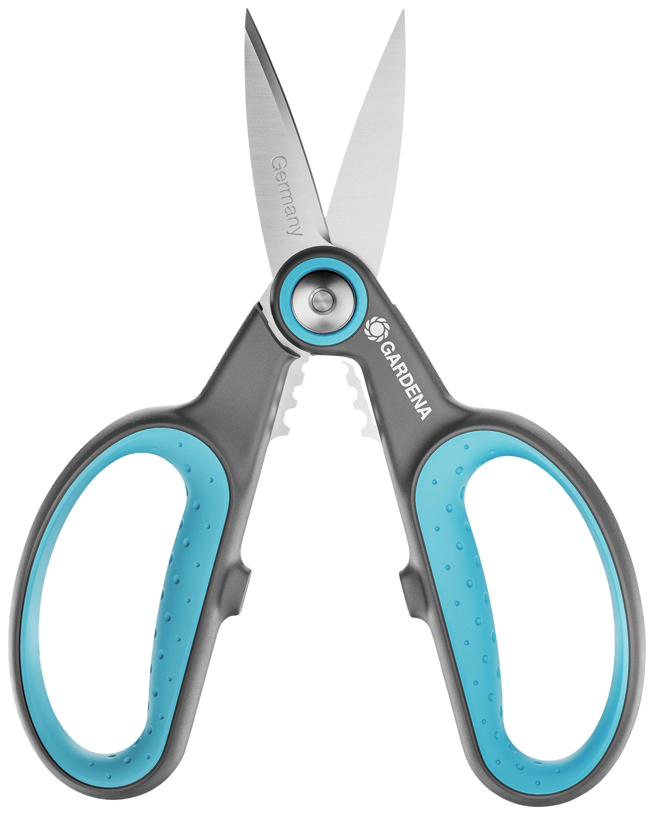 A grey and blue Gardena scissors, suitable for garden work. The handles are ergonomically designed and the blades are made of stainless steel.