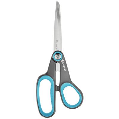 A grey pair of scissors with blue handles and a visible logo on the blade.