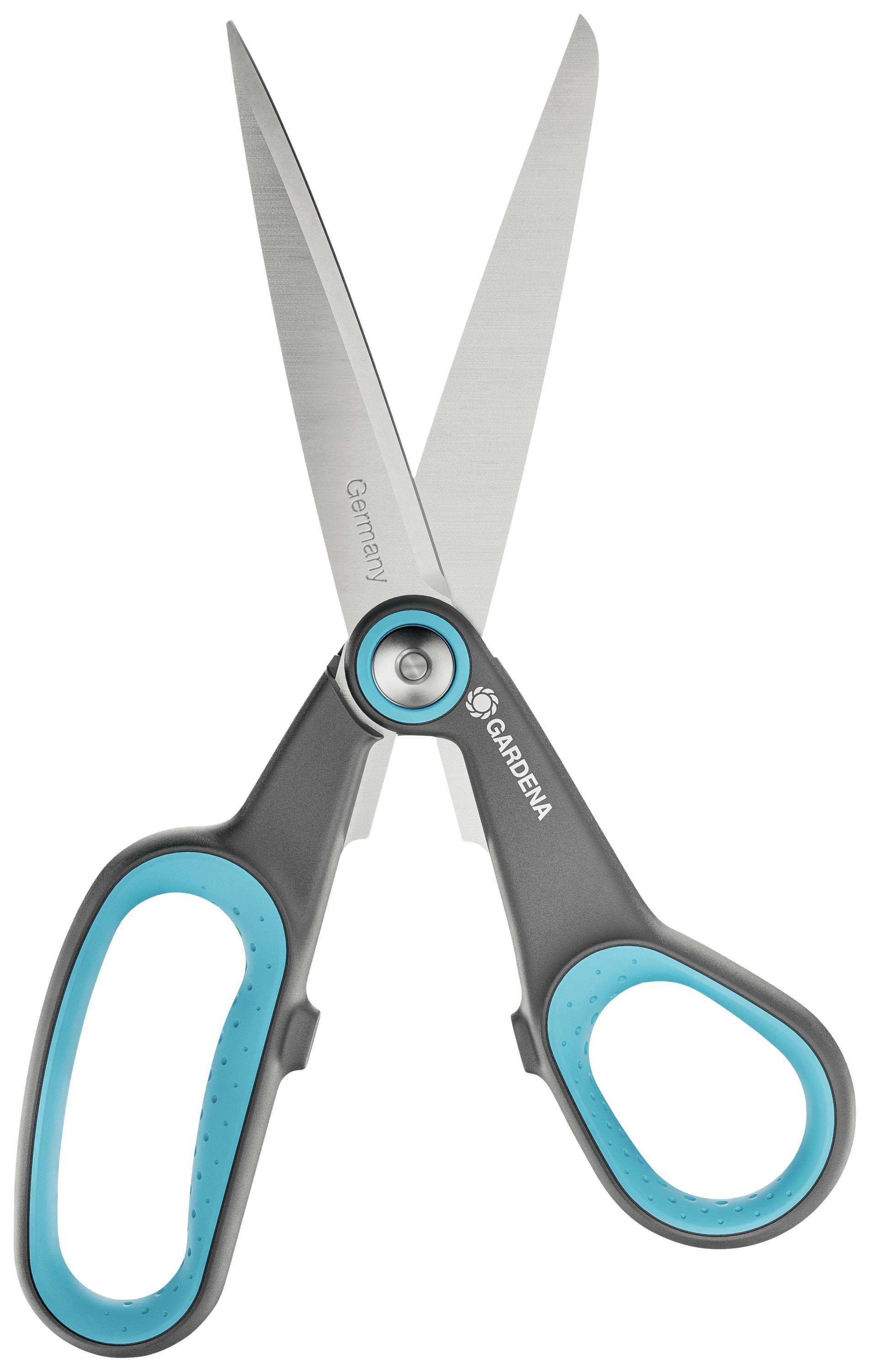 A grey pair of scissors with a blue handle on a white background. Primarily used for cutting tasks.