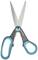 A grey pair of scissors with a blue handle on a white background. Primarily used for cutting tasks.