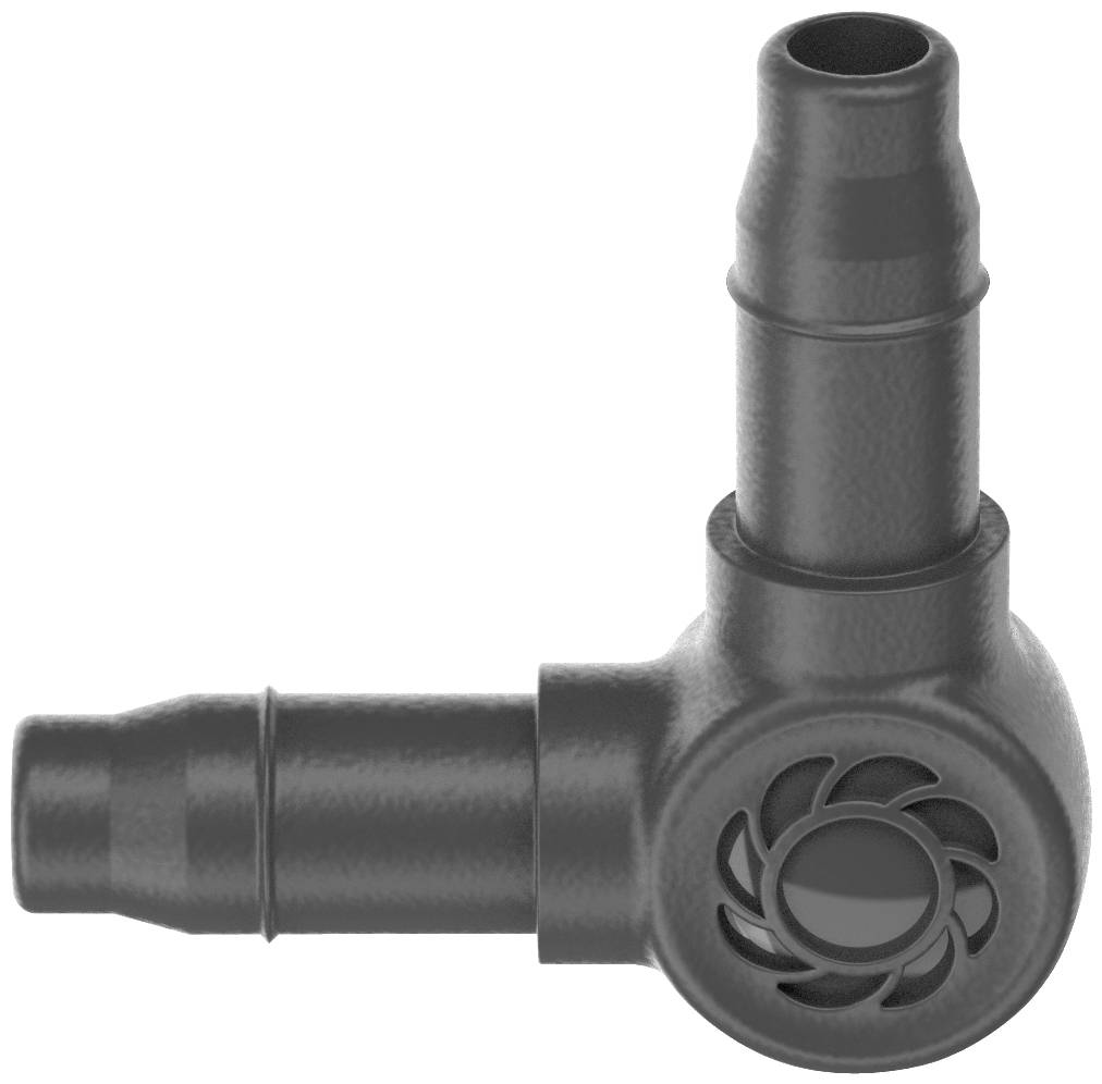 Plastic angle connector, dark grey, with ventilation slots on one leg and hose nozzles at both ends for flexible connections.