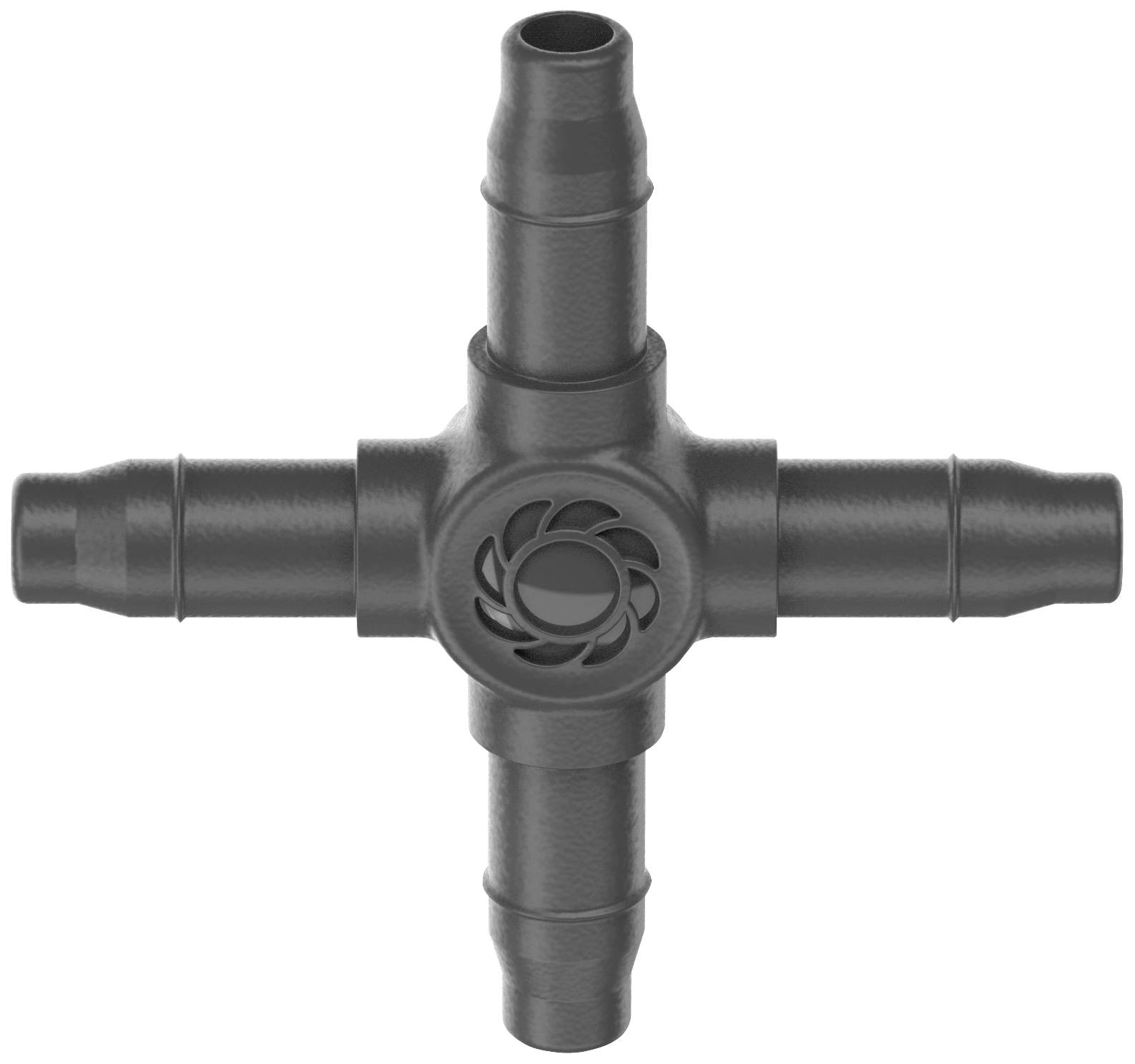 A black plastic cross connector component with four connections and a central design pattern. Used in irrigation systems.