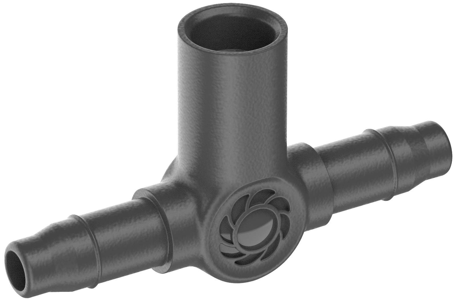 A grey plastic T-shaped connector with three ports, designed for liquid or gas pipelines.