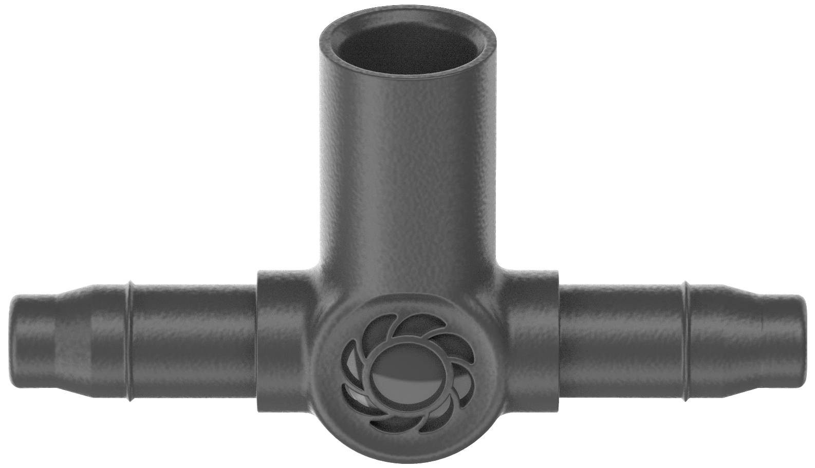 A black plastic T-piece with a central, rose-like valve.