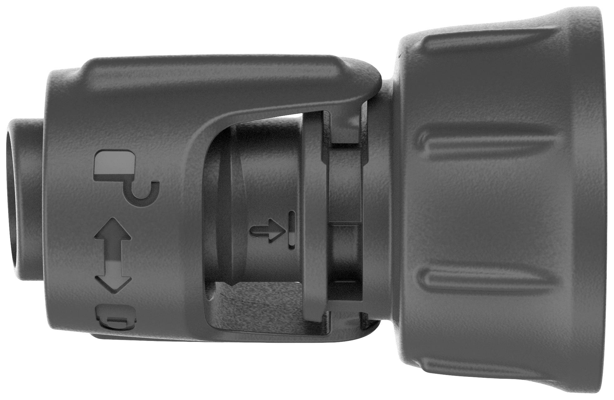 Grey plastic connection with arrows and symbols indicating the correct connection or direction.