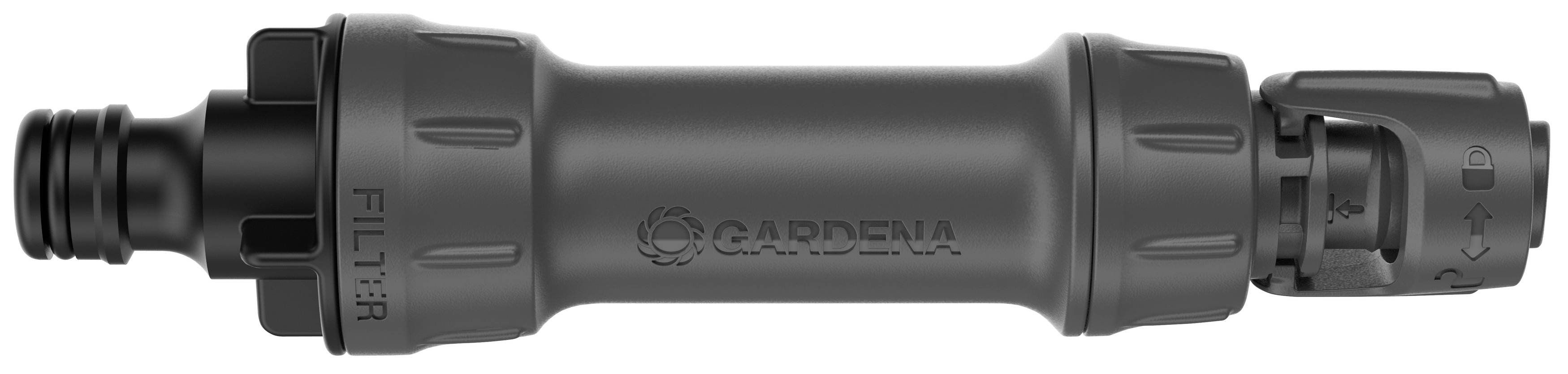 Grey Gardena water filter, cylindrically shaped, with distinctive logo and connection pieces at both ends, suitable for garden equipment.