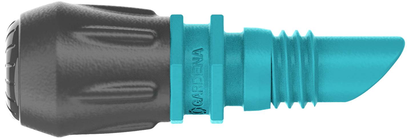 A blue watering connector with a black handle, used by Gardena for attaching to garden hoses.