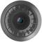 A single black lens with a blue dot in the centre, resembling a camera or lens, against a neutral background.